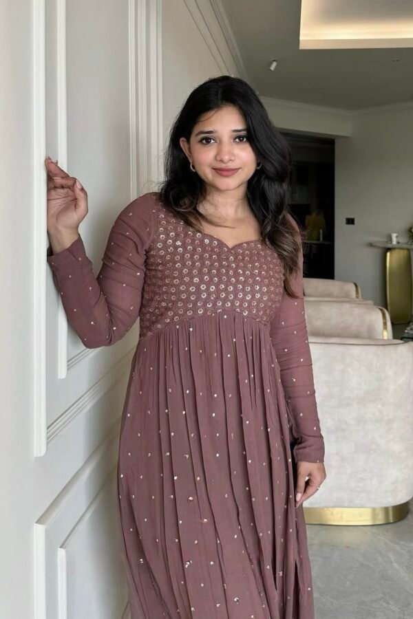 Embroidered Faux Georgette Gown Set With Dupatta & Pant | 4 Meter Flair | Party Wear – Mauve