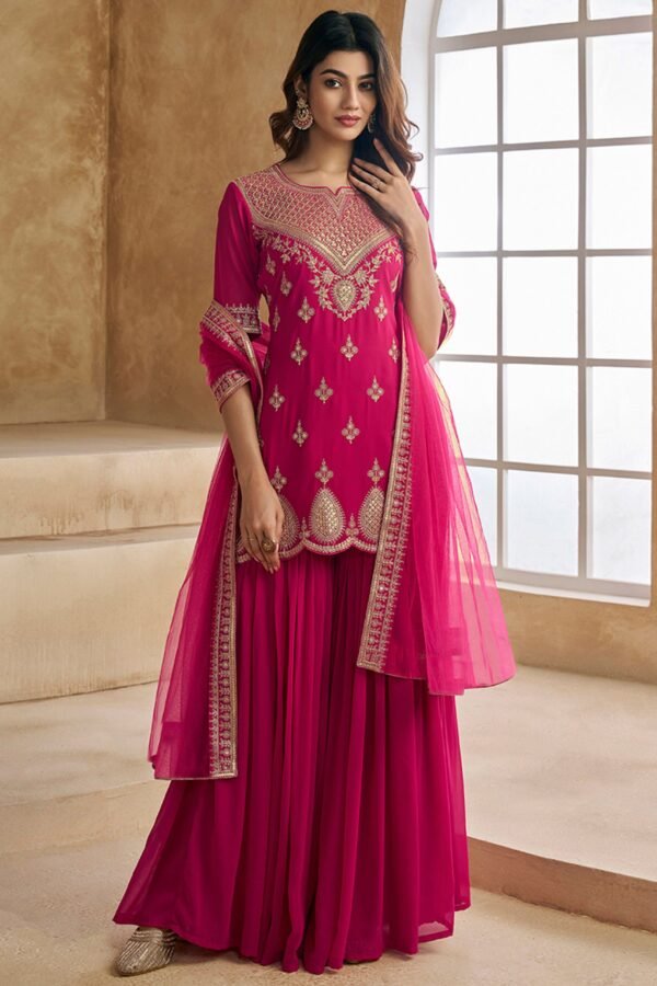 Pink Embroidered Georgette Kurta Sharara Dupatta Set – Rabia Suit | Festive & Wedding Wear | Lightweight Premium Set