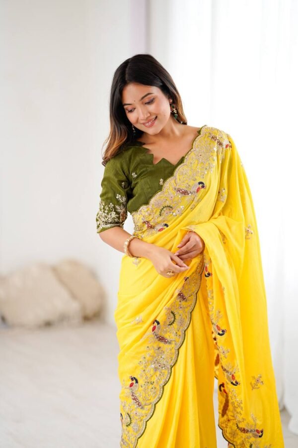 Premium Chinon Silk Heavy Embroidered Saree with Sequins & Codding Work + Mono Silk Blouse | Haldi Ceremony