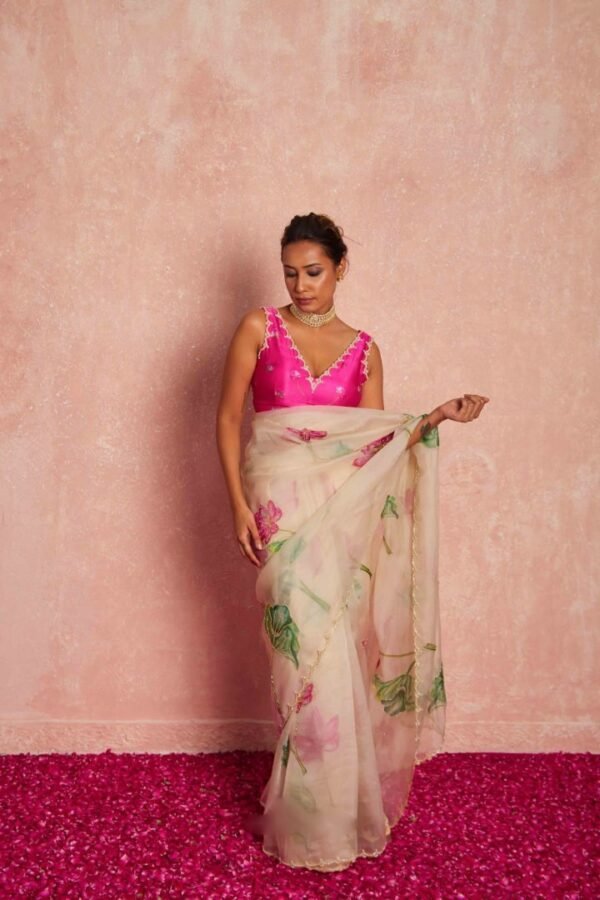 Pink Ready-To-Wear Organza Silk Saree with Printed & Handwork Border | Stitched Blouse Included | Party Wear Designer Saree