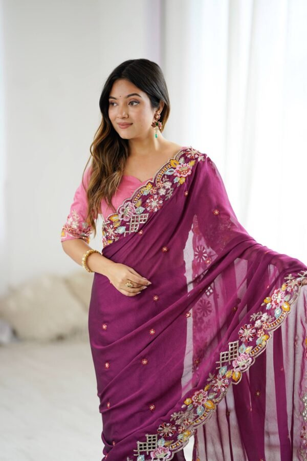 Premium Noha Crush Heavy Embroidered Saree with Cutwork Border & Mono Silk Blouse