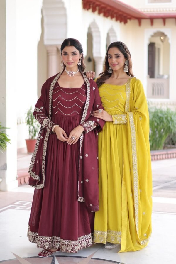 Vichitra Silk Sequins Embroidered Gown with Dupatta | Fancy Square Neck | 3 Meter Flair | Party & Wedding Wear