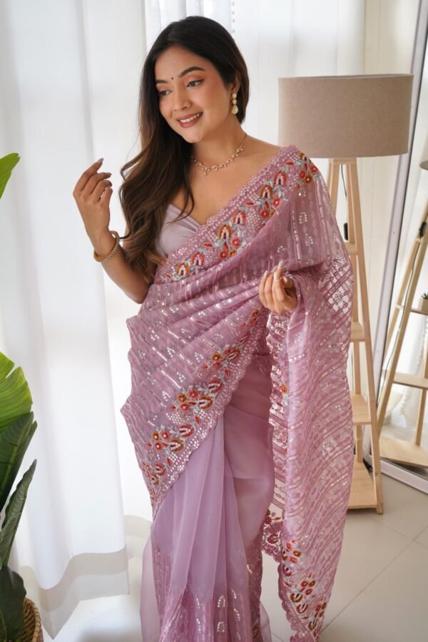 Heavy Organza Silk Saree with 5mm Sequins & Multi-Thread Embroidery | Designer Party Wear