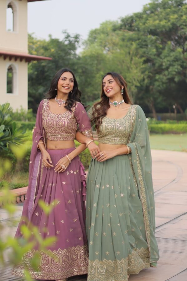 Designer Sequins & Thread Embroidered Lehenga Choli with Dupatta | Mauve & Sage Green | Premium Festive Collection 2025