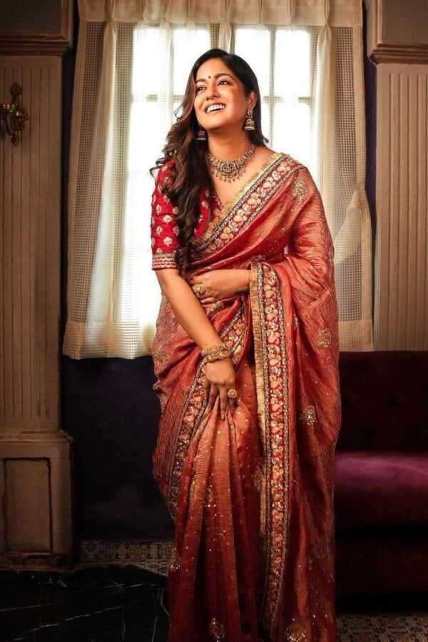 Maroon Soft Crush Designer Party Wear Saree with Golden Jari Butta & Heavy Embroidered Border | Stitched Blouse Included