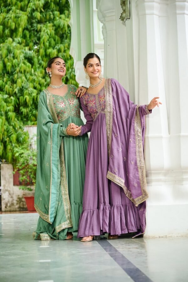 Vichitra Silk Embroidered Gown with Dupatta – LW-9268 | 9 Meter Flair | Pista Green & Lavender | Premium Wedding Collection