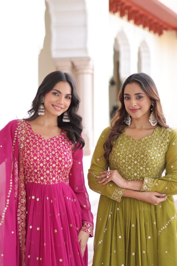 Faux Georgette Sequins & Zari Embroidered Readymade Gown with Cut-Work Dupatta | Rani Pink & Mehendi Green | Premium Party Wear