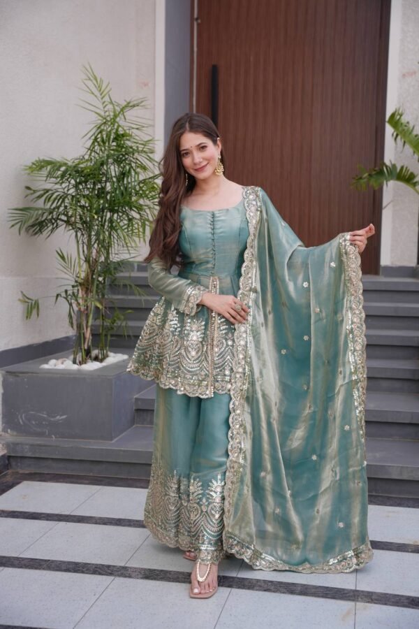 Heavy Two-Tone Fendy Satin Silk Embroidered Gown Sharara Set with Real Mirror Work & Dupatta | Full-Stitched Party & Wedding Wear