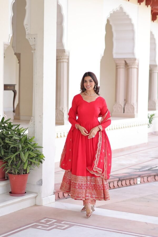 Red Vichitra Silk Sequins Embroidered Gown Set with Bottom & Dupatta | 3 Meter Flair | Wedding & Party Wear