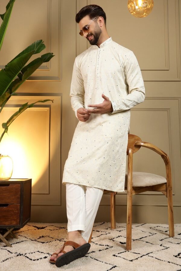 Men’s Heavy Khadi Cotton Kurta Pyjama Set with Embroidery Mirror Work | Festive & Wedding Wear